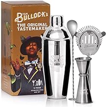 5 pc. Cocktail Shaker Bar Set by Tom Bullock's, The Original Tastemaker: 25 oz Stainless Steel Shaker, Double Measuring Jigger, Stirrer/Mixer Spoon, Strainer and Ice Tongs. Become The Ideal Bartender!