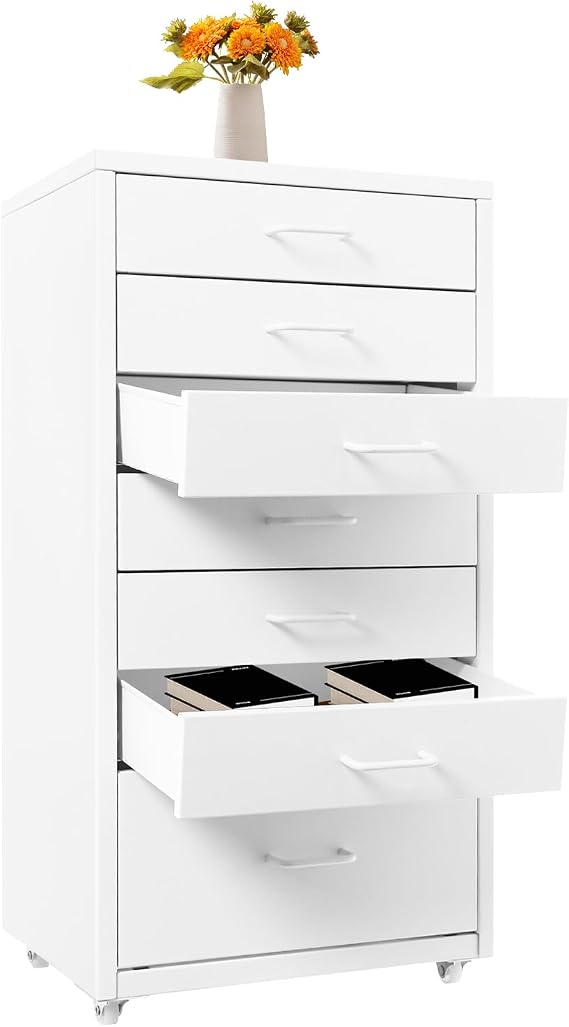7 Drawer Mobile File Cabinet, Under Desk Storage Organization with 4 Wheels & 7 Drawers, Mobile Vertical Filing Chest Metal Printer Stand for Home Office (White)