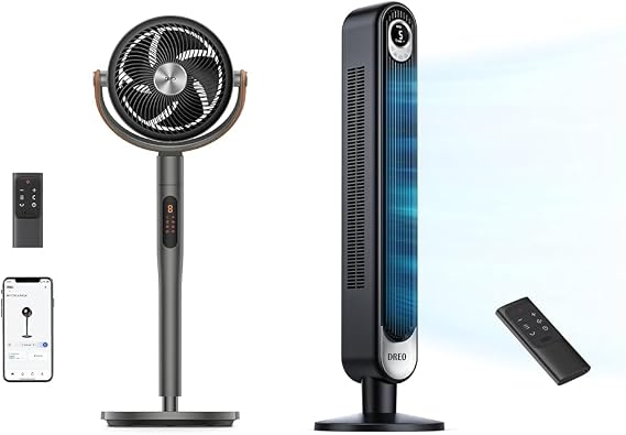 Dreo Pedestal Fan with Remote and Bladeless Tower Fan with Remote, Oscillating Fans for Home and Office