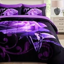 3 Pieces Purple Comforter Set King Reversible Purple Rose Pattern Printed Bedding & 7 Pieces Purple Comforter Set Queen, Reversible Purple Rose Printed