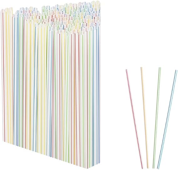 300PC Plastic Straight Straws Disposable Assorted Colors Striped 9" Drinking Bar