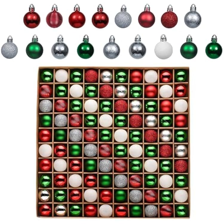 Valery Madelyn 100ct Mini Christmas Ornaments Tree Decorations Set, 1.18 Inches Red Green and White Shatterproof Christmas Ball Ornaments, Hanging Ornament Bulk for Xmas Holiday Party Decor