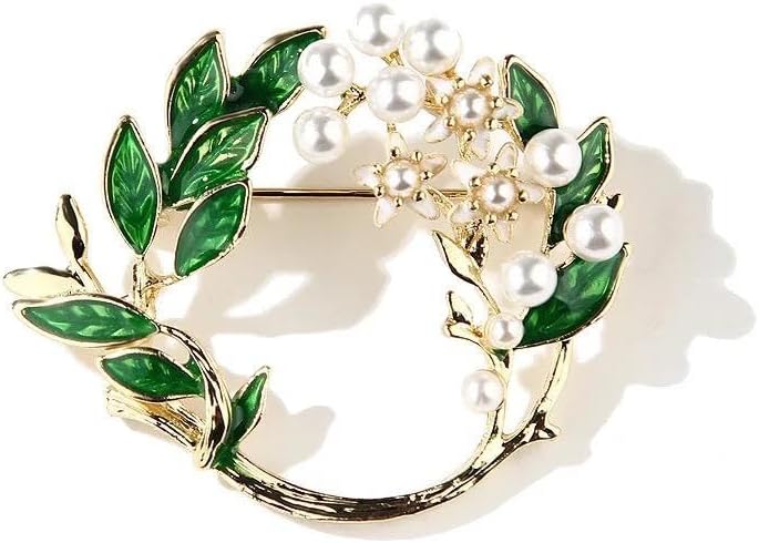 Helen Women Pearl and Leaf Design Brooch – Elegant Gold Color Floral Needle – Vintage Jewelry, Shawl and Dress Accessory, Gift Brooch