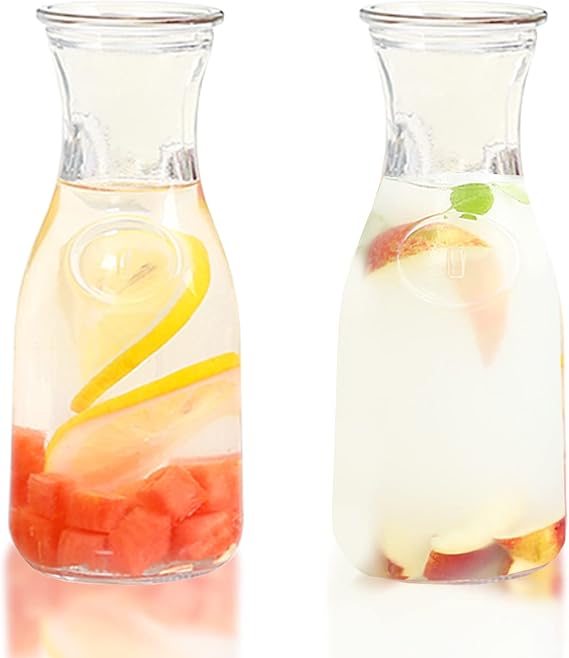 2 Pcs Glass Carafe with Lids, 1 Liter Juice Containers with Lids for Fridge Clear Mimosa Bar Beverage Pitcher for Water, Juice, Milk, Lemonade