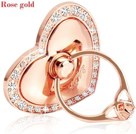 Phone Stand, Luxury Updated Re-Usable Metal Stainless Phone & Tablet Anti Drop Ring Stand Holder with Diamonds for iPhone iPod iPad Samsung and More (Heart Shape) (Rosegold)