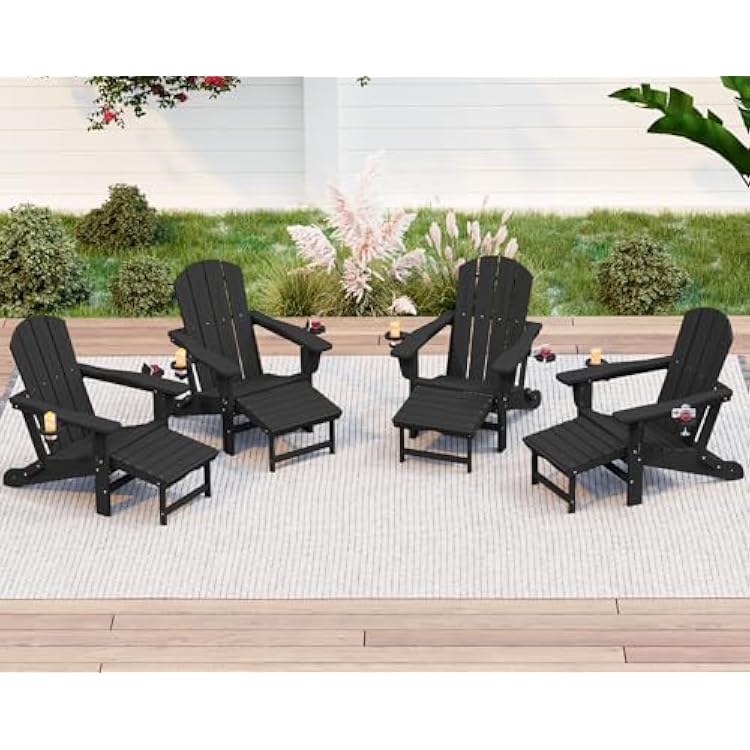KINGYES Folding Adjustable Adirondack Chair with Ottoman & 2 Cup Holders Set of 4, HDPE Adirondack Recliner Chair with Footrest, Black