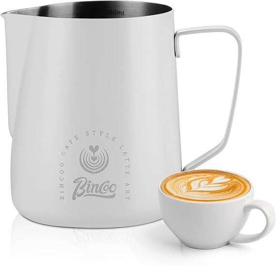 Bincoo Milk Frothing Pitcher 350ml/12oz,Stainless Steel Latte Art Cup with Dual Arc Spout,Sharp Pouring Tip & Ergonomic Handle for Espresso Coffee Latte Cappuccino