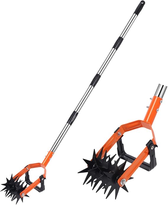Rotary Cultivator Garden Tool, Adjustable Hand Tiller for Gardening W/Stainless Steel Pole, 2-in-1 Garden Weeder, Cultivator Tool for Reseeding Grass, Loosing and Soil Mixing, Crumbler Soil