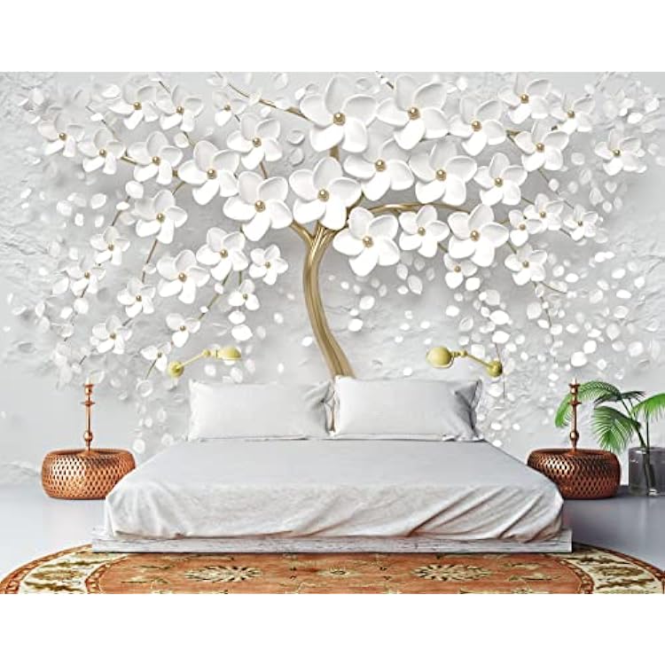 Bormia 3D Flower Tree Wall Mural with Gold Tree Body Floral Wallpaper Wall Decals for Living Room Bedroom Kids Room Motif Shop