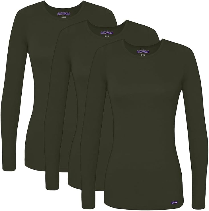 Sivvan 3-Pack Women's Long-Sleeve Comfort Underscrub Tee, Scrubs Undershirts