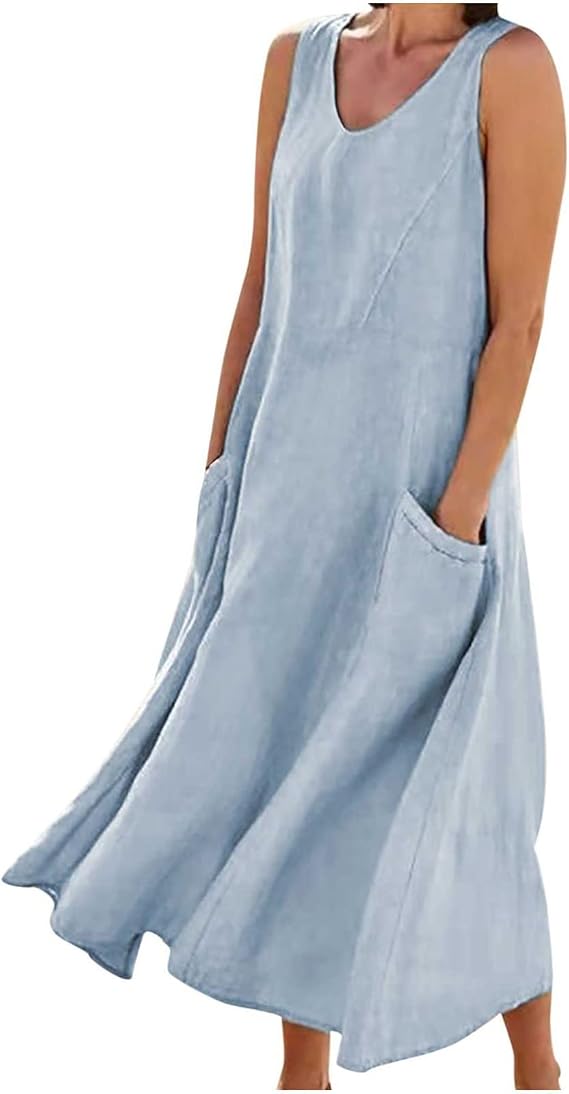 fartey Linen Dresses for Women 2025 Summer Sleeveless V Neck Maxi Dress Casual Flowy Beach Vacation Sundress with Pockets