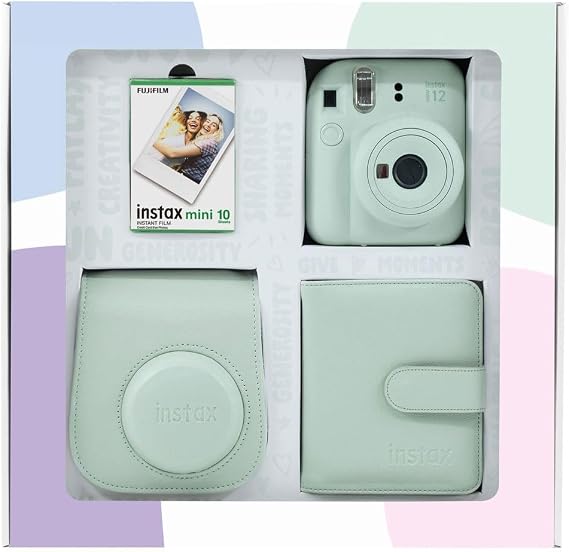 Instax mini 12 Camera 10-Piece Film Square Album and Leather Case Bundle Box (Green)