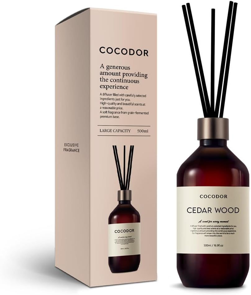 COCODOR Premium Reed Diffuser/Cedar Wood / 500ml /1 Pack/Large Capacity Fragrance Scent Oil Stick Diffuser Set for Bedroom Bathroom Home Décor