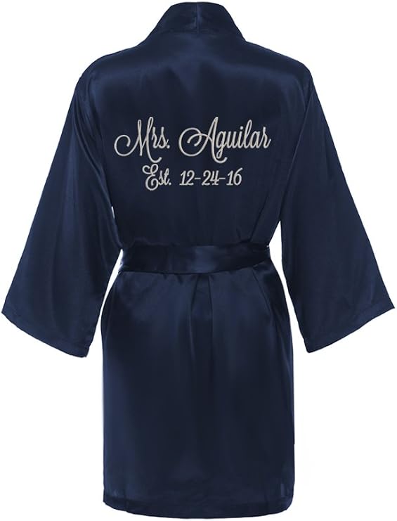 Personalized Mrs. Satin Bridal Robe - Navy Blue Kimono Robe - Bridal Shower Gift for the Bride
