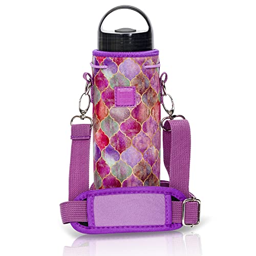 Made Easy Kit Neoprene Water Bottle Carrier Holder with Adjustable Shoulder Strap for Insulating & Carrying Water Container Canteen Flask Available in 5 Sizes Purple Stained Glass, L 32oz  1.5L
