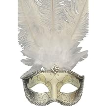 Venetian Style Mask with Feather in White & Silver Pattern