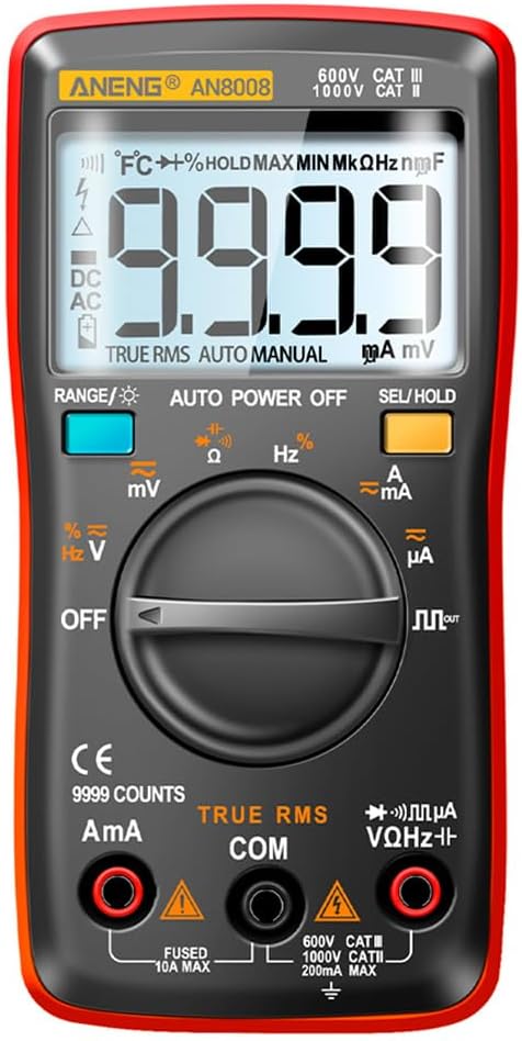 AN8008 True RMS Digital Multimeter - 9999 Counts, Transistor Testing, Auto Electrical Measurements, Voltage Capacitance Power Meter With Box - Red