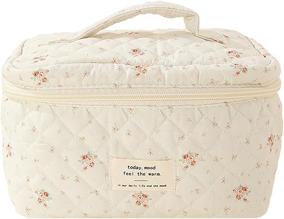 Jolly House Quilted Large Floral Cosmetic Bag - Cotton Makeup Pouch with Coquette Aesthetic Design
