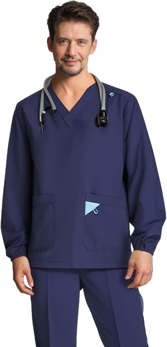 Medical Scrubs for Men,Scrubs for Men Set,Man ScrubClassic V-Neck Top & Jogger Pants(Long Sleeves)(Dark Blue)(L)