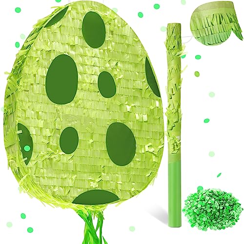 Lenwen Dinosaur Easter Egg Pinata 16 x 12 x 3 in Pull String Easter Eggs Pinata Bundle with Stick Blindfold Confetti for Dinosaur Theme Birthday Party Game FavorGreen