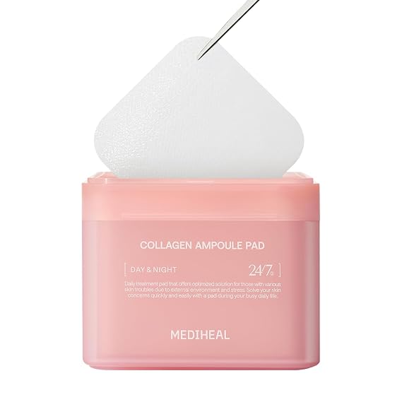 MEDIHEAL Toner Pads - Collagen Ampoule Toner Pad (100 count) with Ceramide - Skin Firming, Restore Elasticity, Deep Hydration - Tighten Wrinkles & Lines - Vegan Moisturizing Fabric, Korean Skin Care | with 98% Collagen for Aging & Sagging Skin | Nourishing & Boost Elasticity | Non-Comedogenic, Vegan Pads, Korean Skincare