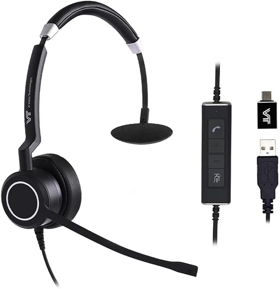 VT Wired UC-Headset with 2-Mic AI Noise-Cancelling - Work Headphones with USB-A/C for PC/Laptop/IP Phones for MS Teams,Genesys,3CX,Bria,Avaya Workplace,Cisco Jabber,GoogleMeet, Zoom,etc.(Mono)