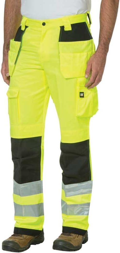CAT Mens Hi Vis Trademark Work Pants Made from Tough Canvas Fabric with Cargo Space, Class 2