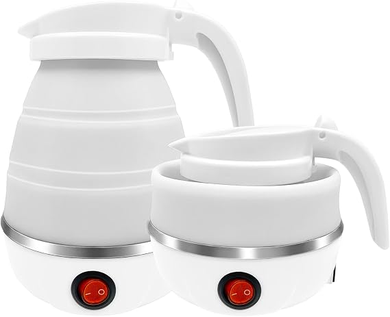 Foldable Electric Kettle, Mini Travel Kettle, 600ML Silicone Collapsible Kettle, Electric Tea Coffee Maker Portable Travel Kettles with Separable Power Cord for Outdoor Hiking Camping (White)