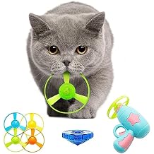 7 Piece Cat Fetch Toys, Interactive Flying Cat Toy with 5 Flying Propellers,1 Spinning Tops, Dog Cat Pet Tracks Chasing Toy for Cats (Blue)
