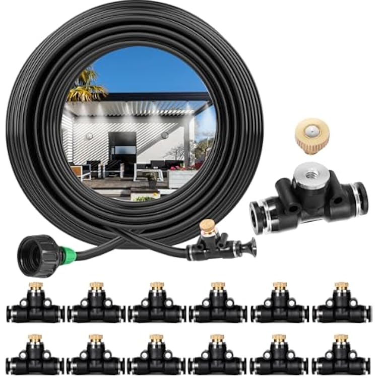 40FT Misters for Outside Patio, Misting Cooling System Anti Leak, Misting Line with 12 Brass Mist Nozzles and Adapter34, DIY Water Misters for Garden Greenhouse Fan BBQ Party Pool