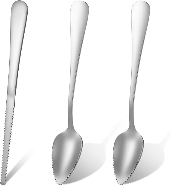 Grapefruit Spoons 3 Set, 2 Stainless Steel Grapefruit Spoons with Serrated Edge and 1 Grapefruits Knife, Kiwi Knife Fruit Knives Dessert Spoon Grapefruits Utensil Tool for Berry Lemon Salads Pitaya
