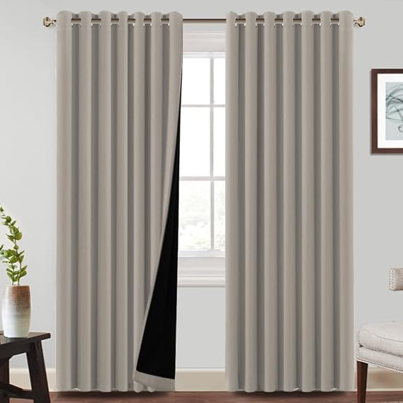 BellaHills 100% Blackout Curtains for Bedroom Thermal Insulated Blackout Curtain Heat  Light Blocking Eyelet Curtains for Living Room with Black Liner 2 Panels, 90 x 90 Inch, Natural Sand