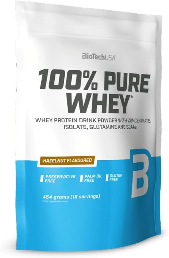BioTechUSA 100% Pure Whey Molkenprotein-Komplex mit Bromelain-Enzymen, Aminosäuren, ohne Zuckerzusatz, palmölfrei, 454g, Haselnuss