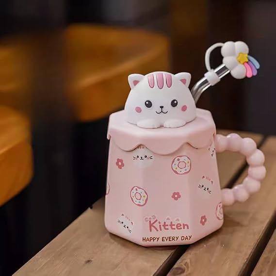 Coffee Mug with Lid and Straw Cute and Funny Water Cup Animal Patterned Ceramic Cup Milk Cup Breakfast Cup Office Cup Gift 1pc (Pink cat)