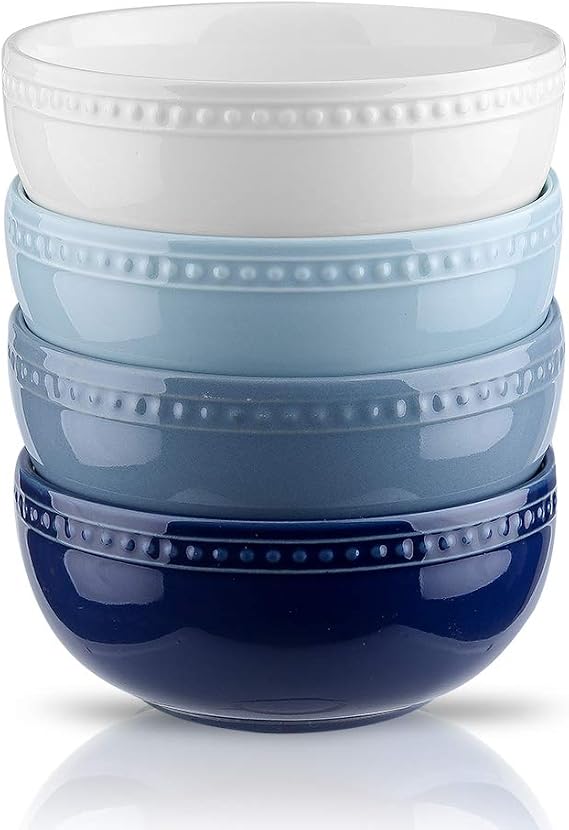 Joyroom Porcelain Cereal Bowl Set, 26 OZ Soup Bowls Microwave Safe, Bakeable Ceramic Bowl Set For Oatmeal Breakfast, Retro Dot Series Set of 4 (Blue Series)