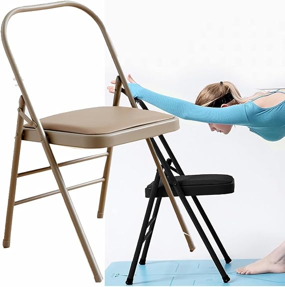 Iyengar Yoga Chair, Folding Yoga Auxiliary Chair, Foldable Yoga Chair with Non-Slip Feet Covers for Flexibility and Strength Training(Camel)