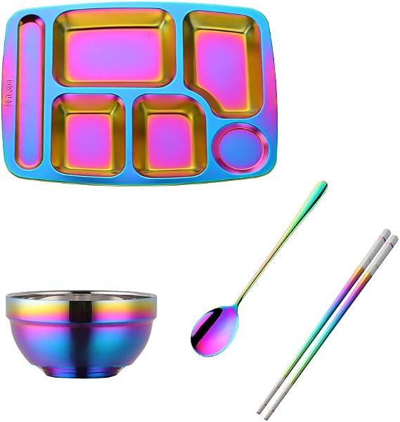 18/8 Stainless Steel Divided Plate, Food Trays 4 Section Dinner Plate with Bowl, Chosticks and Spoon, Camping Dishes, Adult Lunch and Dinner-Rainbow Color