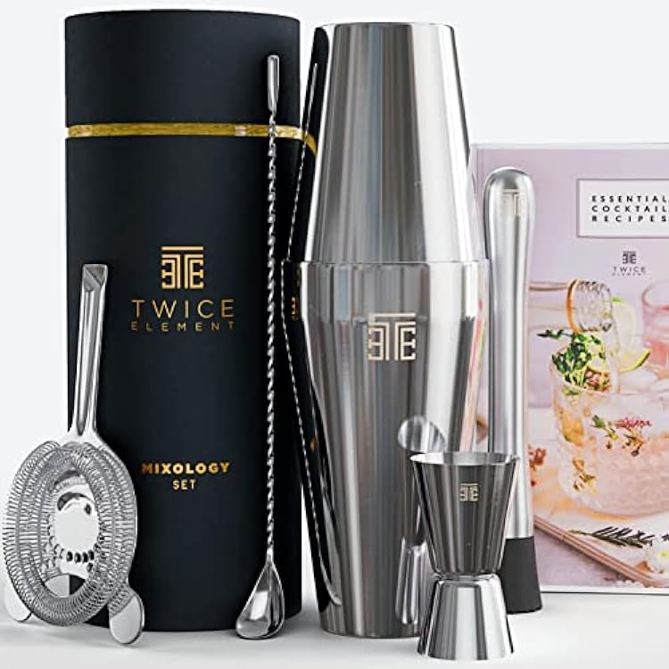 Cocktail Shaker Set - Boston Style Shaker Kit with: Elegant Gift Box, Storage Pouch, Recipe Book and All Essential Drink Accessories | Great Gift for him