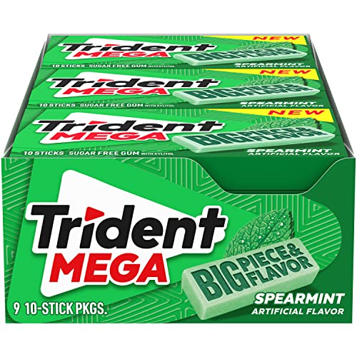 Trident Mega Spearmint Sugar Free Gum, 9 Packs of 10 Pieces 90 Total Pieces,10 Count Pack of 9