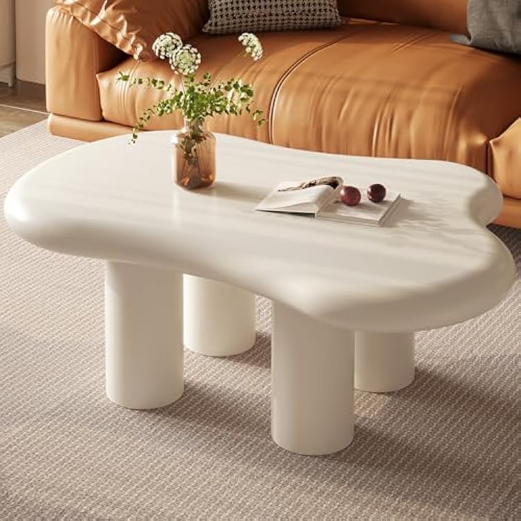 35.43 Cloud Coffee Table, Cute Cream White Irregular Tea Table, Modern Low Center Table with 4 Legs for Small Spaces, Living Room, Bedroom, Simple End Table