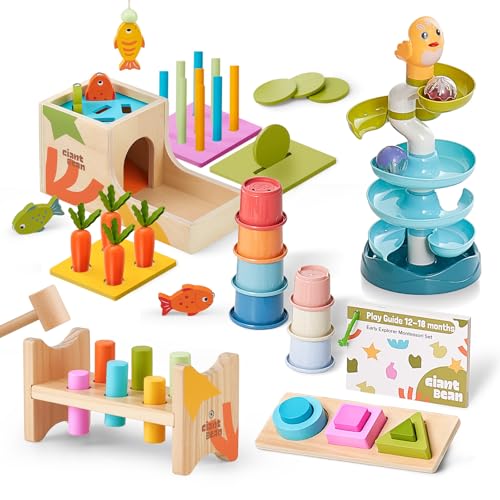 Giant bean 8-in-1 Wooden Montessori Toys Set Learning Toys for Baby 12-18 Month with Object Permanence Box, Senser Ball Roll Tower, Hammer, Fishing Carrot, Shape Sorting Stacking Cup for Kids 1
