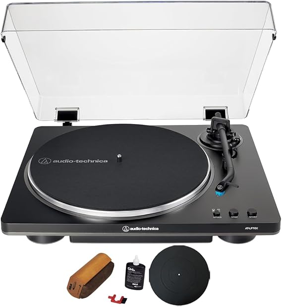 Audio-Technica AT-LP70X-BG Fully Automatic Belt-Drive Turntable Black/Silver Bundle w/Deco Gear Universal 12" Silicone Rubber Turntable Platter Mat +Vinyl Record Cleaning Fluid System w/Dust Brush