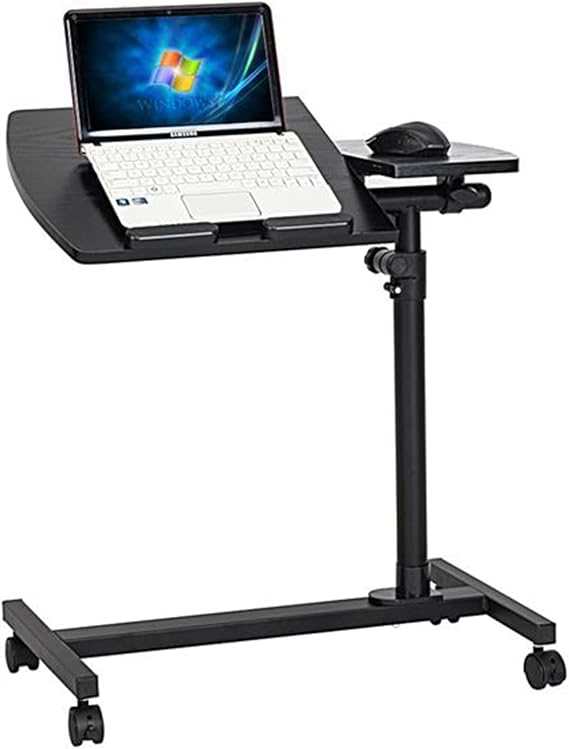 Mobile Laptop Desk Cart with 4 Wheels, Adjustable Height, Tilting Tabletop, Rolling Stand with Mouse Tray, Mobile Computer Workstation Table for Home, Office, School and Hospital, Black