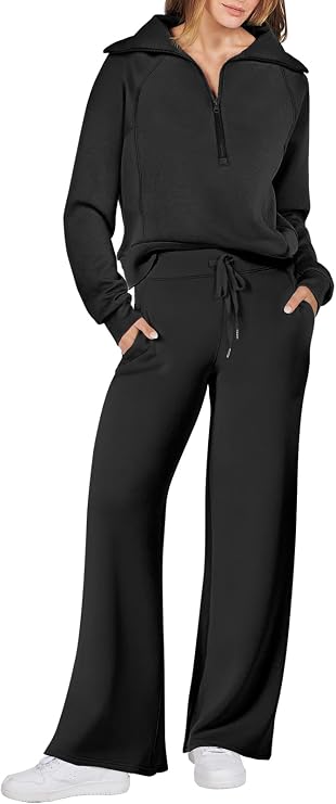 ANRABESS Womens 2 Piece Outfits Half Zip Sweatshirt & Wide Leg Pants Airport Travel Lounge Matching Sets Sweatsuits Clothing