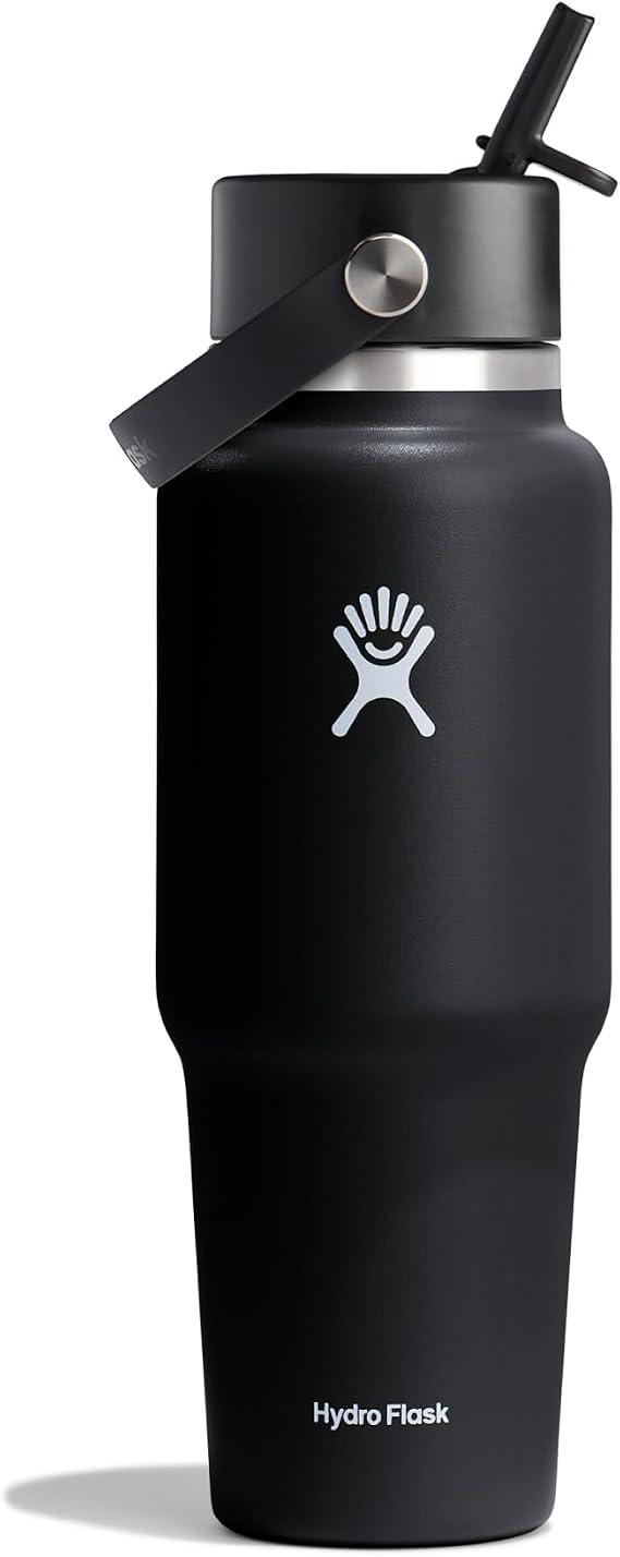 Hydro Flask - Wide Flex Straw Travel Bottle 32 oz - Insulated Stainless Steel Water Bottle with TempShield Vacuum Insulation and Leak-Proof Flex Straw Cap - Black