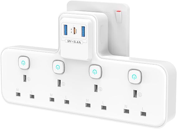 PASSUS Multi Plug Extension Socket 4 Way Plug Adapter with PD20W USB C Slot