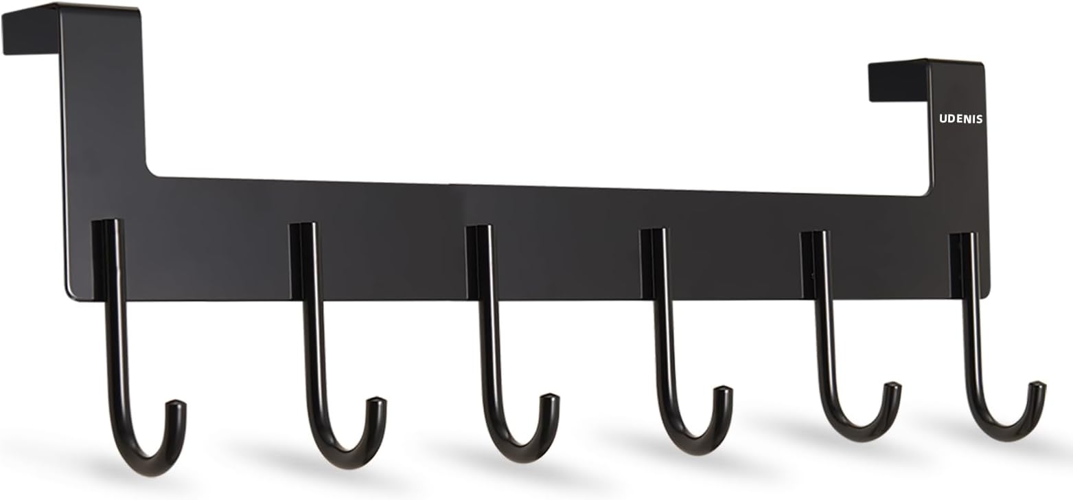 Aluminum Over Door Hanger - No Drill Towel Rack with 6 Hooks for Bathroom & Bedroom, Anti-Rust Space Saving Clothes Organizer for Hanging Robe, Coat, Clothes, Sturdy Door Hook Rack for Storage