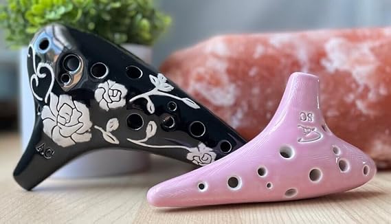 Alto C 12 Holes Ceramic Ocarina. - Easy to Learn, Good for Beginner & Great Gift. Linn's Arts! (Alto C Rose Black+ SC Pink)