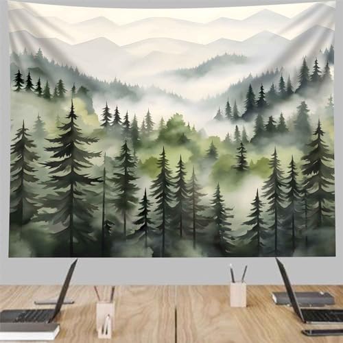 TUGCAY Misty Mountain Forest Tapestry, Green Nature Foggy Watercolor Tree Tapestries Landscape Scenery Tapestry Wall Hanging for Bedroom Living Room Backdrop 51 x 60 Inch