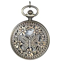 JewelryWe Vintage Butterfly Pocket Watch: Retro Design Bronze Flower Openwork Cover Quartz Pendant Necklace Watches with Chain for Xmas for Mother's Day